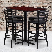 24''W x 42''L Rectangular Mahogany Laminate Table Set with 4 Ladder Back Metal Barstools - Black Vinyl Seat, HDBF1018-GG