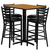 24''W x 42''L Rectangular Natural Laminate Table Set with 4 Ladder Back Metal Barstools - Black Vinyl Seat, HDBF1019-GG