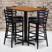 24''W x 42''L Rectangular Natural Laminate Table Set with 4 Ladder Back Metal Barstools - Black Vinyl Seat, HDBF1019-GG