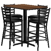 24''W x 42''L Rectangular Walnut Laminate Table Set with 4 Ladder Back Metal Barstools - Black Vinyl Seat, HDBF1020-GG