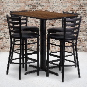 24''W x 42''L Rectangular Walnut Laminate Table Set with 4 Ladder Back Metal Barstools - Black Vinyl Seat, HDBF1020-GG