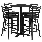 30'' Round Black Laminate Table Set with X-Base and 4 Ladder Back Metal Barstools - Black Vinyl Seat, HDBF1021-GG