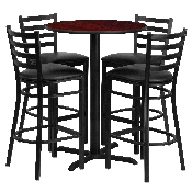 30'' Round Mahogany Laminate Table Set with X-Base and 4 Ladder Back Metal Barstools - Black Vinyl Seat, HDBF1022-GG
