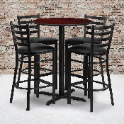 30'' Round Mahogany Laminate Table Set with X-Base and 4 Ladder Back Metal Barstools - Black Vinyl Seat, HDBF1022-GG