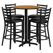 30'' Round Natural Laminate Table Set with X-Base and 4 Ladder Back Metal Barstools - Black Vinyl Seat, HDBF1023-GG