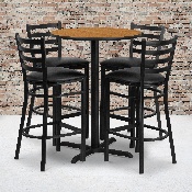 30'' Round Natural Laminate Table Set with X-Base and 4 Ladder Back Metal Barstools - Black Vinyl Seat, HDBF1023-GG