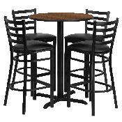 30'' Round Walnut Laminate Table Set with X-Base and 4 Ladder Back Metal Barstools - Black Vinyl Seat, HDBF1024-GG