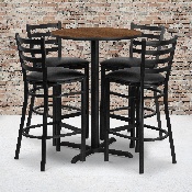 30'' Round Walnut Laminate Table Set with X-Base and 4 Ladder Back Metal Barstools - Black Vinyl Seat, HDBF1024-GG