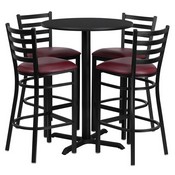 30'' Round Black Laminate Table Set with X-Base and 4 Ladder Back Metal Barstools - Burgundy Vinyl Seat, HDBF1025-GG