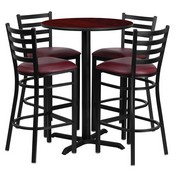30'' Round Mahogany Laminate Table Set with X-Base and 4 Ladder Back Metal Barstools - Burgundy Vinyl Seat, HDBF1026-GG