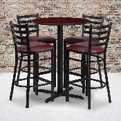 30'' Round Mahogany Laminate Table Set with X-Base and 4 Ladder Back Metal Barstools - Burgundy Vinyl Seat, HDBF1026-GG