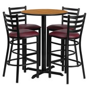 30'' Round Natural Laminate Table Set with X-Base and 4 Ladder Back Metal Barstools - Burgundy Vinyl Seat, HDBF1027-GG
