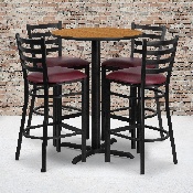 30'' Round Natural Laminate Table Set with X-Base and 4 Ladder Back Metal Barstools - Burgundy Vinyl Seat, HDBF1027-GG