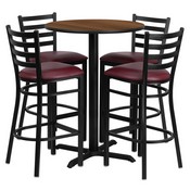 30'' Round Walnut Laminate Table Set with X-Base and 4 Ladder Back Metal Barstools - Burgundy Vinyl Seat, HDBF1028-GG