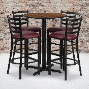 30'' Round Walnut Laminate Table Set with X-Base and 4 Ladder Back Metal Barstools - Burgundy Vinyl Seat, HDBF1028-GG