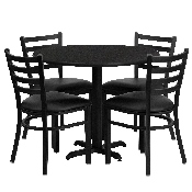 36'' Round Black Laminate Table Set with X-Base and 4 Ladder Back Metal Chairs - Black Vinyl Seat, HDBF1029-GG