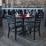 36'' Round Black Laminate Table Set with X-Base and 4 Ladder Back Metal Chairs - Black Vinyl Seat, HDBF1029-GG