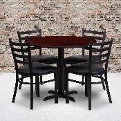 36'' Round Mahogany Laminate Table Set with X-Base and 4 Ladder Back Metal Chairs - Black Vinyl Seat, HDBF1030-GG