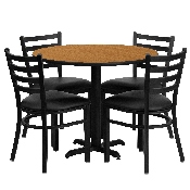 36'' Round Natural Laminate Table Set with X-Base and 4 Ladder Back Metal Chairs - Black Vinyl Seat, HDBF1031-GG