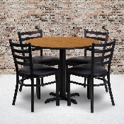 36'' Round Natural Laminate Table Set with X-Base and 4 Ladder Back Metal Chairs - Black Vinyl Seat, HDBF1031-GG