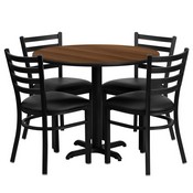 36'' Round Walnut Laminate Table Set with X-Base and 4 Ladder Back Metal Chairs - Black Vinyl Seat, HDBF1032-GG
