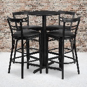 24'' Round Black Laminate Table Set with X-Base and 4 Two-Slat Ladder Back Metal Barstools - Black Vinyl Seat, HDBF1033-GG