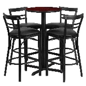 24'' Round Mahogany Laminate Table Set with X-Base and 4 Two-Slat Ladder Back Metal Barstools - Black Vinyl Seat, HDBF1034-GG