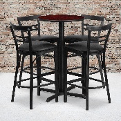 24'' Round Mahogany Laminate Table Set with X-Base and 4 Two-Slat Ladder Back Metal Barstools - Black Vinyl Seat, HDBF1034-GG