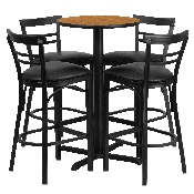 24'' Round Natural Laminate Table Set with X-Base and 4 Two-Slat Ladder Back Metal Barstools - Black Vinyl Seat, HDBF1035-GG