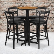 24'' Round Natural Laminate Table Set with X-Base and 4 Two-Slat Ladder Back Metal Barstools - Black Vinyl Seat, HDBF1035-GG