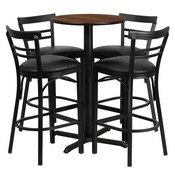 24'' Round Walnut Laminate Table Set with X-Base and 4 Two-Slat Ladder Back Metal Barstools - Black Vinyl Seat, HDBF1036-GG