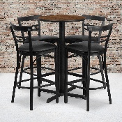 24'' Round Walnut Laminate Table Set with X-Base and 4 Two-Slat Ladder Back Metal Barstools - Black Vinyl Seat, HDBF1036-GG