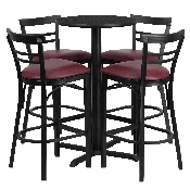 24'' Round Black Laminate Table Set with X-Base and 4 Two-Slat Ladder Back Metal Barstools - Burgundy Vinyl Seat, HDBF1037-GG