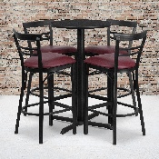 24'' Round Black Laminate Table Set with X-Base and 4 Two-Slat Ladder Back Metal Barstools - Burgundy Vinyl Seat, HDBF1037-GG