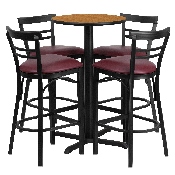 24'' Round Natural Laminate Table Set with X-Base and 4 Two-Slat Ladder Back Metal Barstools - Burgundy Vinyl Seat, HDBF1039-GG