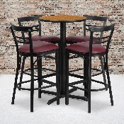 24'' Round Natural Laminate Table Set with X-Base and 4 Two-Slat Ladder Back Metal Barstools - Burgundy Vinyl Seat, HDBF1039-GG