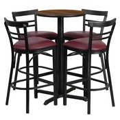 24'' Round Walnut Laminate Table Set with X-Base and 4 Two-Slat Ladder Back Metal Barstools - Burgundy Vinyl Seat, HDBF1040-GG
