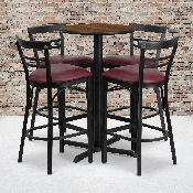 24'' Round Walnut Laminate Table Set with X-Base and 4 Two-Slat Ladder Back Metal Barstools - Burgundy Vinyl Seat, HDBF1040-GG