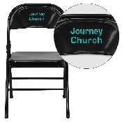 Personalized HERCULES Series Triple Braced & Double Hinged Black Metal Folding Chair, HF3-MC-309AS-BK-TXTEMB-VYL-GG