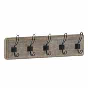 Daly Wall Mounted 24 Inch Weathered Solid Pine Wood Storage Rack with 5 Hooks For Entryway, Kitchen, Bathroom