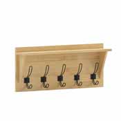 Daly Wall Mounted 24 Inch Solid Pine Wood Storage Rack with Upper Shelf and 5 Hooks For Entryway, Kitchen, Bathroom, Bamboo