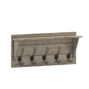 Daly Wall Mounted 24 Inch Solid Pine Wood Storage Rack with Upper Shelf and 5 Hooks For Entryway, Kitchen, Bathroom, Weathered, HFKHD-GDIS-CRE8-142315-GG