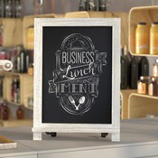 Canterbury 12" x 17" Whitewashed Tabletop Magnetic Chalkboard Sign with Metal Scrolled Legs, Hanging Wall Chalkboard, Countertop Memo Board, HFKHD-GDIS-CRE8-522315-GG