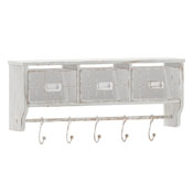 Daly Wall Mounted 24 Inch Solid Pine Wood Storage Rack with Upper Shelf, 5 Hooks, Wire Baskets For Entryway, Kitchen, Bathroom in Whitewashed, HFMHD-GDI-CRE8-012315-GG