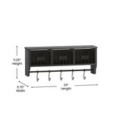 Daly Wall Mounted 24 Inch Solid Pine Wood Storage Rack with Upper Shelf, 5 Hooks, Wire Baskets For Entryway, Kitchen, Bathroom in Blackwashed, HFMHD-GDI-CRE8-112315-GG