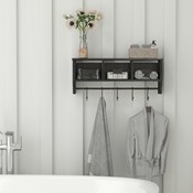 Daly Wall Mounted 24 Inch Solid Pine Wood Storage Rack with Upper Shelf, 5 Hooks, Wire Baskets For Entryway, Kitchen, Bathroom in Blackwashed, HFMHD-GDI-CRE8-112315-GG