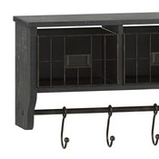 Daly Wall Mounted 24 Inch Solid Pine Wood Storage Rack with Upper Shelf, 5 Hooks, Wire Baskets For Entryway, Kitchen, Bathroom in Blackwashed, HFMHD-GDI-CRE8-112315-GG