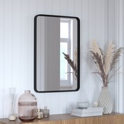 Janinne 20" x 30" Decorative Wall Mirror - Rounded Corners, Bathroom & Living Room Glass Mirror Hangs Horizontal Or Vertical, Matte Black, HFMHD-GDI-CRE8-212315-GG