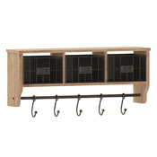 Daly Wall Mounted 24 Inch Solid Pine Wood Storage Rack with Upper Shelf, 5 Hooks, Wire Baskets For Entryway, Kitchen, Bathroom in Rustic Brown, HFMHD-GDI-CRE8-902315-GG