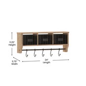 Daly Wall Mounted 24 Inch Solid Pine Wood Storage Rack with Upper Shelf, 5 Hooks, Wire Baskets For Entryway, Kitchen, Bathroom in Rustic Brown, HFMHD-GDI-CRE8-902315-GG